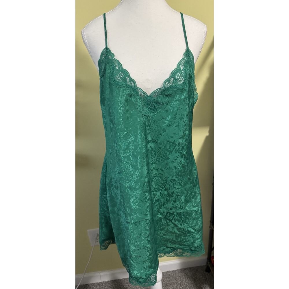 Vintage Victoria’s Secret Satin Slip Emerald Green Lace Y2K Lingerie M Romantic